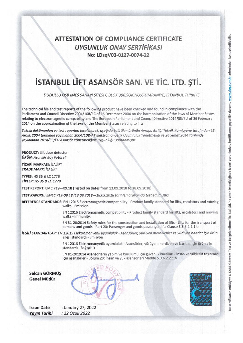 CERTIFICAT DE CELLULE PHOTOCELLULE - RIDEAU DE LUMIERE